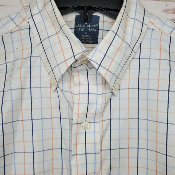 Lanesboro Men Non Iron White Blue Orange Checkered Button Up Shirt Extra Buttons - Picture 7 of 10